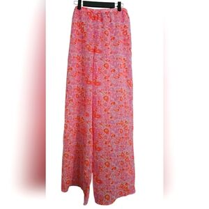 BOOHOO Paisley Print Pull On Sheer Wide Leg Pants. Neon Pink/orange. Size Medium